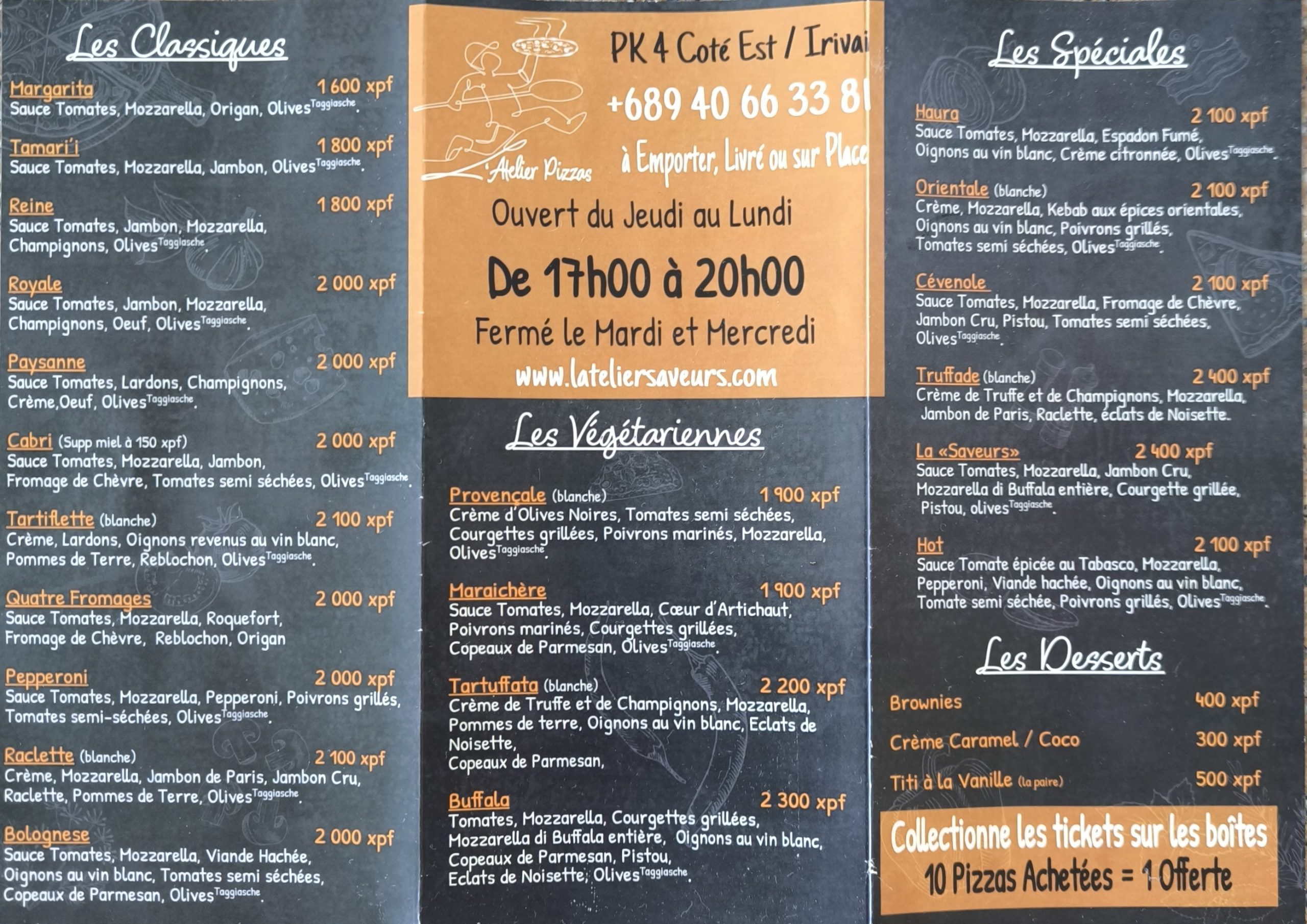 Menu de l’Atelier Saveurs à Raiatea