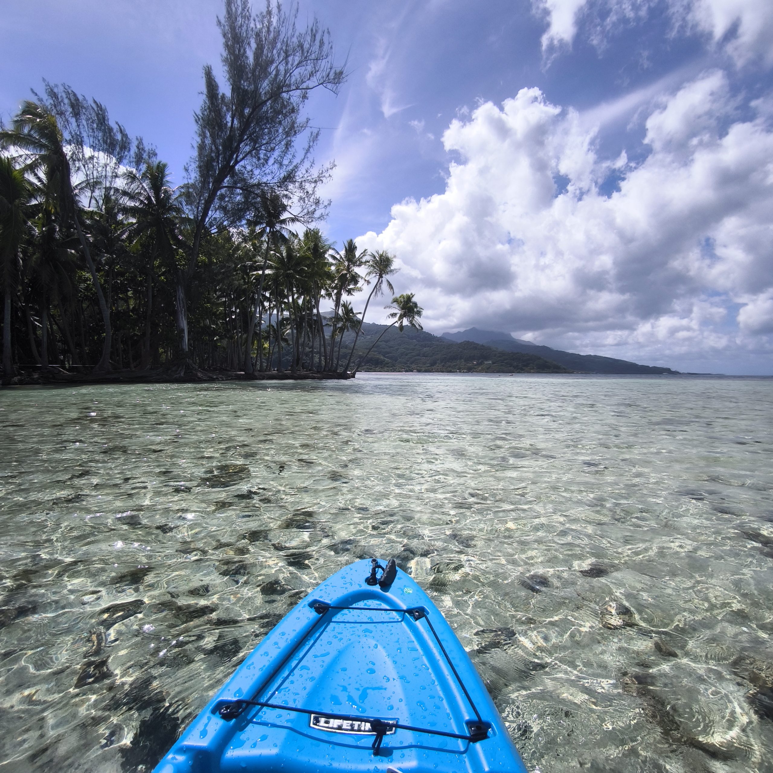 Kayak au large de Motu Miri Miri par temps couvert, lagon calme et végétation en arrière-plan