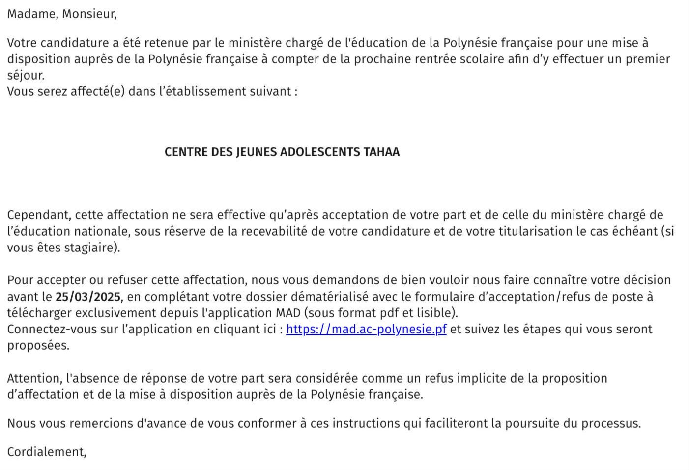 Mail officiel confirmant la mise à disposition en Polynésie française