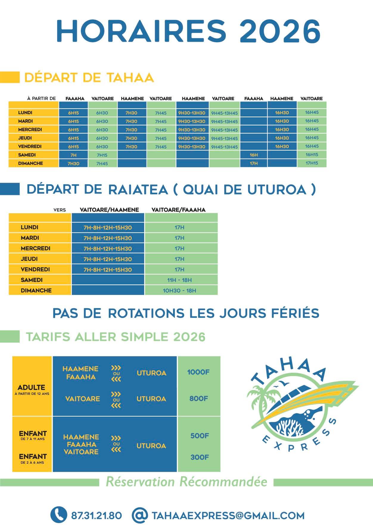 Horaires 2026 Tahaa Express bateau Raiatea Taha'a